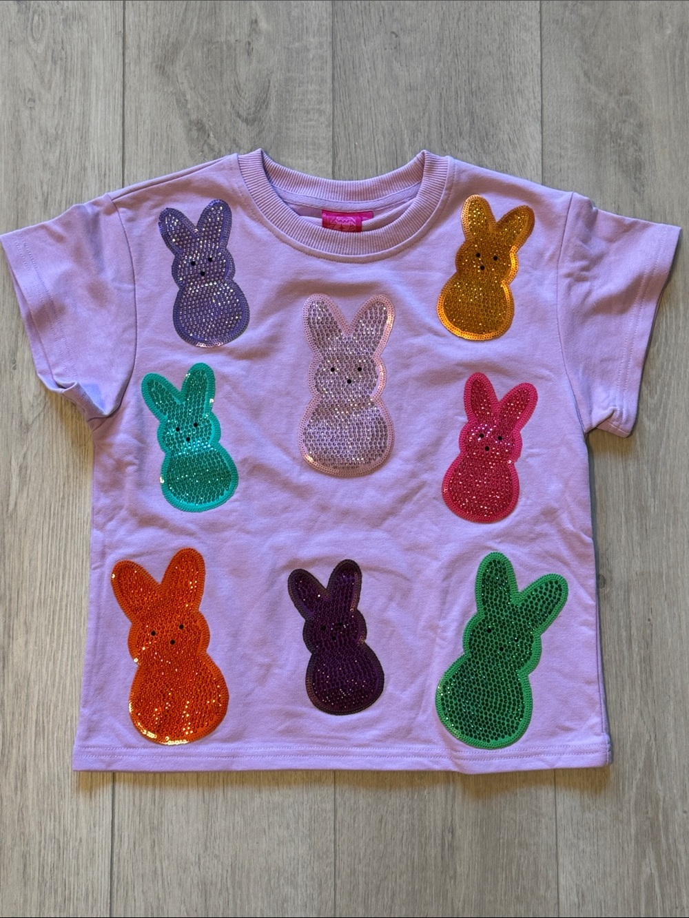 QUEEN OF SPARKLES Lavender Tee with Multicolor Sequin Bunny Patches